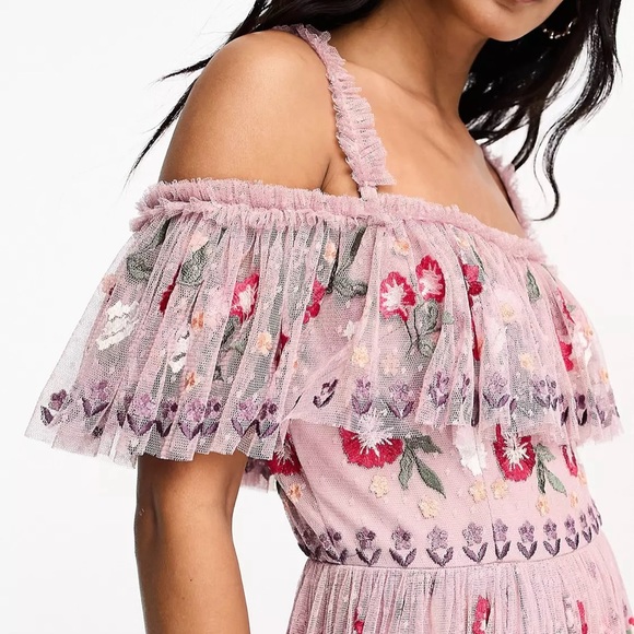NWT Maya Deluxe Floral Embroidered Off Shoulder Ruffle Maxi Gown Dress Pink 2 - Picture 7 of 15